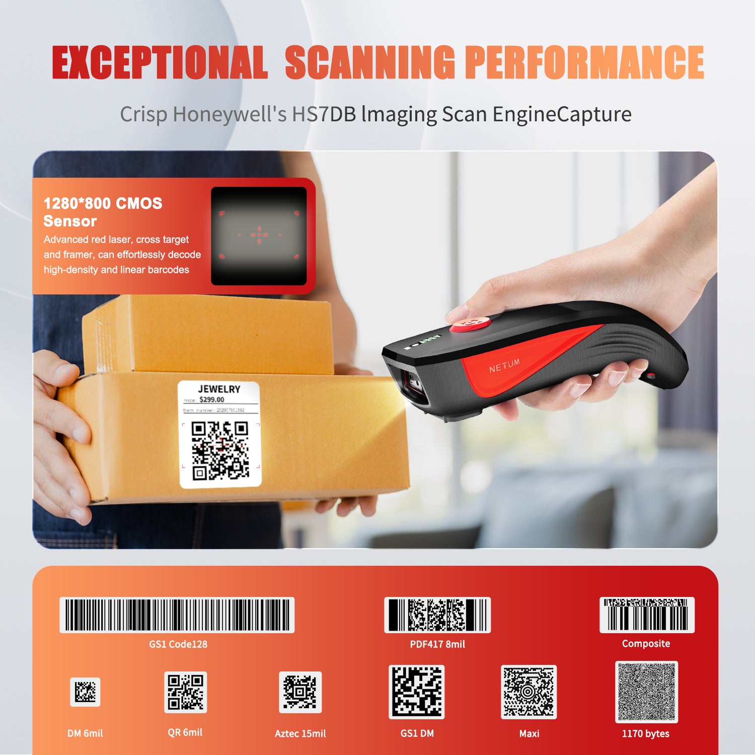 NETUM CS9000 Long Range Wireless 1D 2D Barcode Scanner