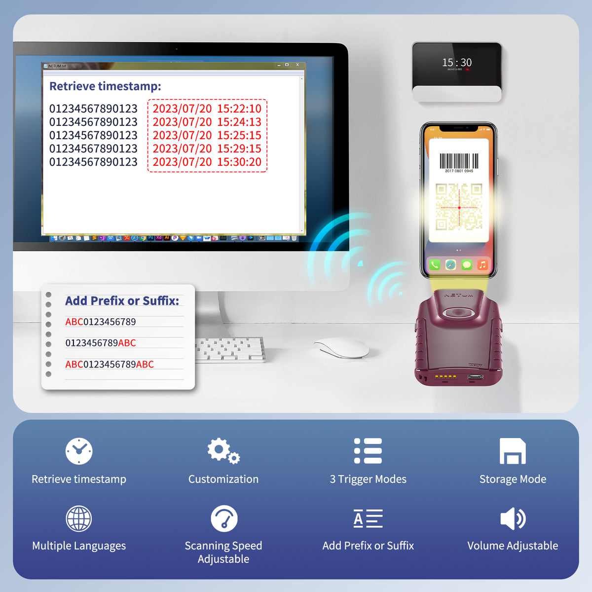 NETUM E900 Portable Back Clip 2D Bluetooth Barcode Scanner