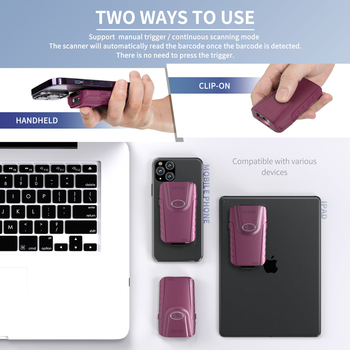 NETUM E900 Portable Back Clip 2D Bluetooth Barcode Scanner