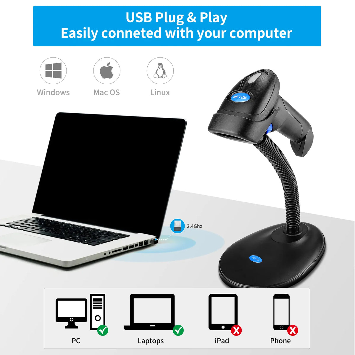 NETUM L6 2.4G Wireless 1D CCD Barcode Scanner