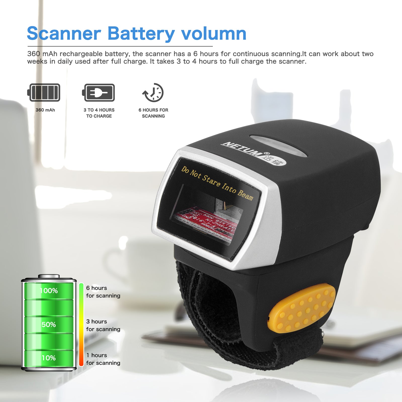NETUM R3L High-Speed 1D CCD Wearable Ring Wireless Barcode Scanner