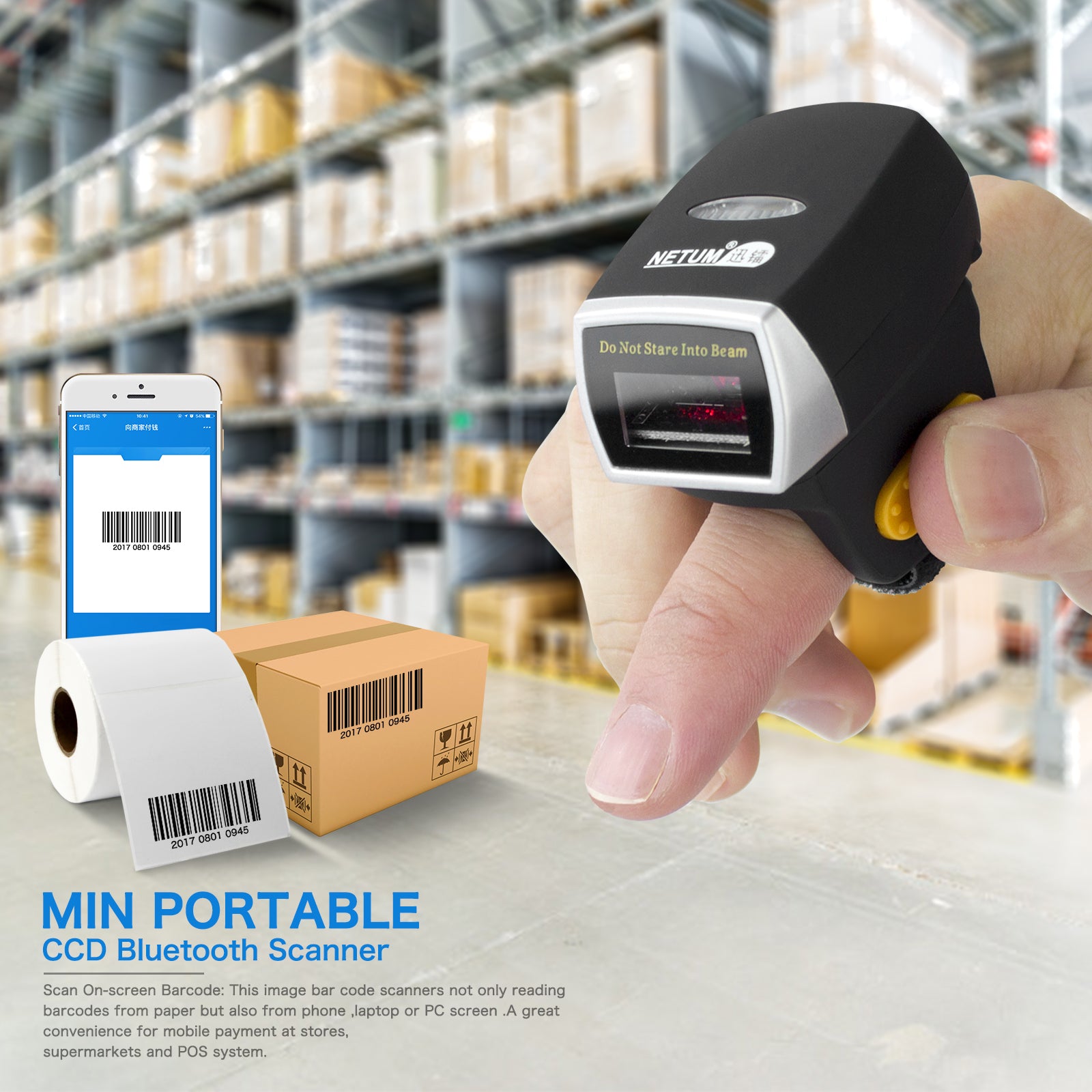 NETUM R3L High-Speed 1D CCD Wearable Ring Wireless Barcode Scanner