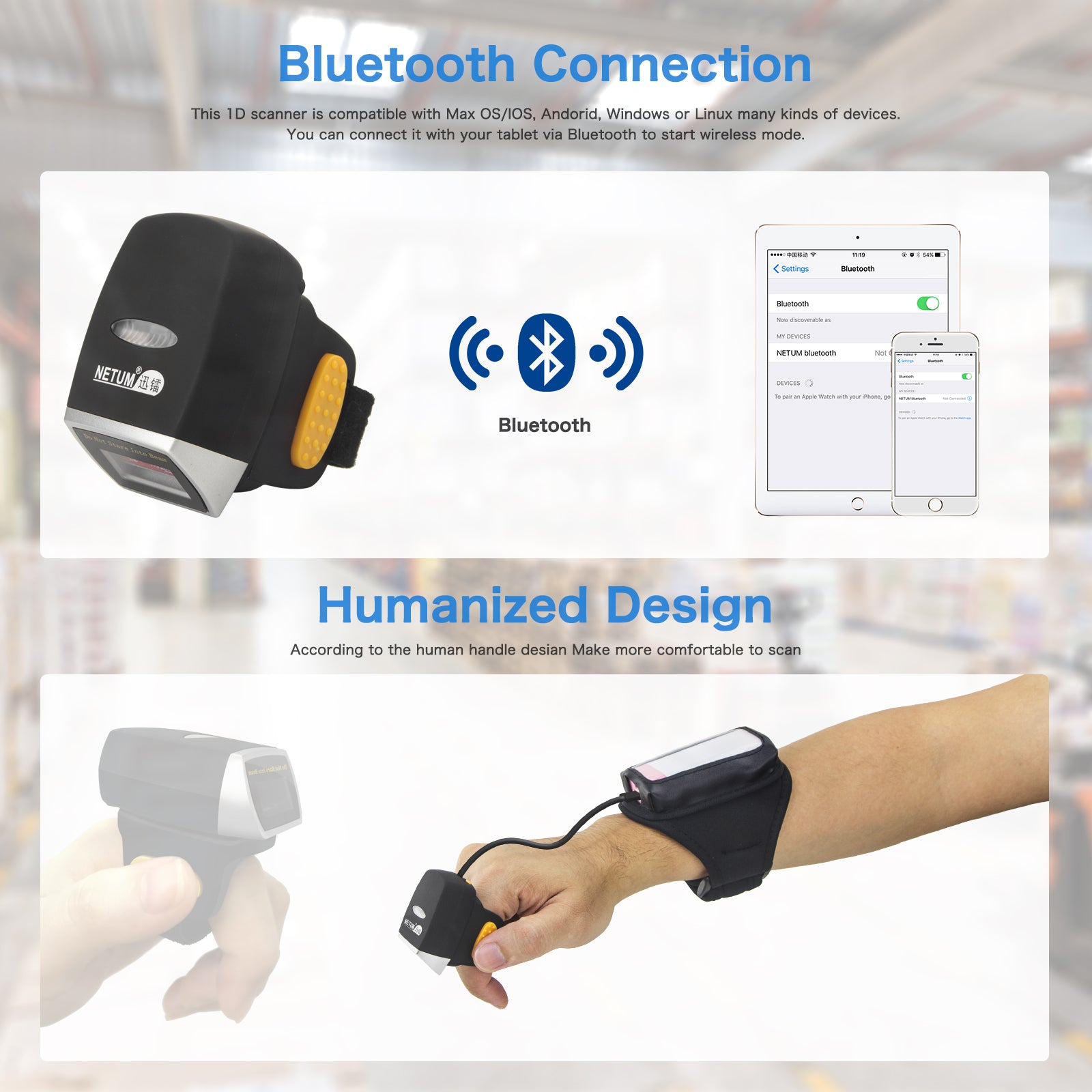 NETUM R3L High-Speed 1D CCD Wearable Ring Wireless Barcode Scanner