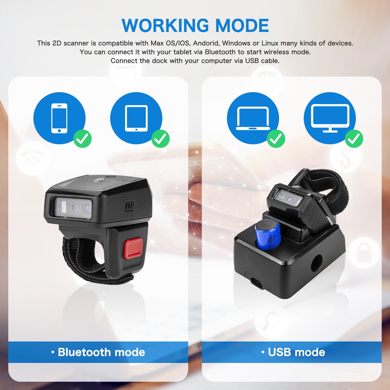 NETUM RS-8000BT Wearable Ring 2D Barcode Scanner