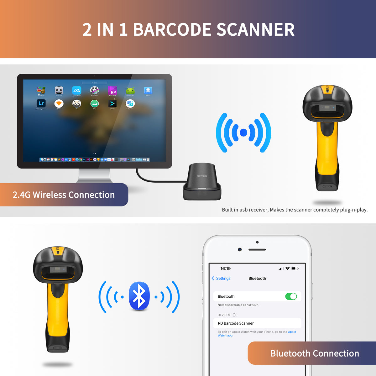 NETUM NT‑1203L Rugged Long‑Range 1D 2D Barcode Scanner