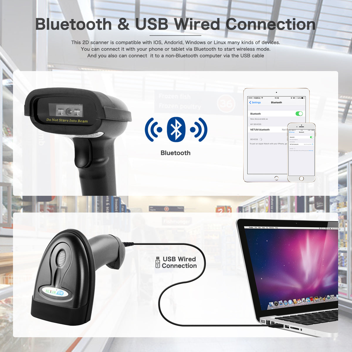 NETUM NT‑1228BC Bluetooth 5.0 Wireless CCD 1D Barcode Scanner
